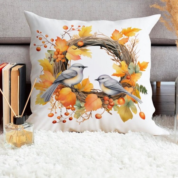 RESTOCK NWT Beautiful Fall Floral Wreath w/ Blue Birds Soft Pillow Cover 18x18 - Picture 2 of 4
